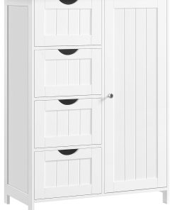 VASAGLE Meuble Salle de Bain Rangement, Armoire Gain de Place, Commode, avec 4 Tiroirs, Placard avec Porte, Étagère Réglable, 35 x 65 x 90 cm, Blanc Nuage LHC042W01