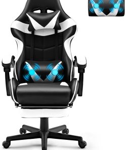 Soontrans Chaise de gaming avec repose-pieds - Ergonomique - Avec appui-tête - Coussin de massage lombaire rembourré - Chaise de gaming pour le travail ou les jeux en direct (blanc)