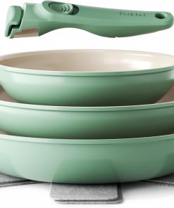 Redchef Lot de poêles et poêles en céramique avec poignée amovible et anti-adhésives 20/24/28 cm pour le camping, sans PTFE, sans PFOA, peu encombrantes, passent au lave-vaisselle (vert)