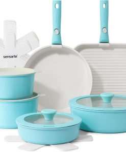SENSARTE Set de Casseroles et Poêles 17 Pièces - Revêtement Céramique Antiadhésif - Batterie de Cuisine pour Induction/Gaz, Poignées Amovibles, Empilable et Lavable Lave-Vaisselle