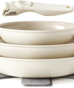 Redchef Lot de poêles et poêles en céramique avec poignée amovible et anti-adhésives 20/24/28 cm pour le camping, sans PTFE, sans PFOA, peu encombrantes, passent au lave-vaisselle (beige)