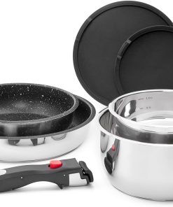 ROSSETTO Batterie de cuisine 7 pièces induction inox poele Set de casseroles avec poignées amovibles, poêle antiadhésive sans PFAS de 20/26 cm et casserole de 16/20 cm, résistante au four