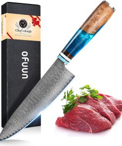 Couteau de Chef Damas, Couteaux Japonais Professionnelle en Acier Damas 67 Couches, Lame de 20cm Ergonomique Résine Bleue Handle avec Boîte Cadeau