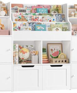 FOREHILL Meuble de Rangement Enfant Bibliothèque Enfant avec 13 Étagères Rangement Jouet avec 2 Tiroirs Roulants 2 Portes pour Chambre d'enfants Salle de Jeu 122x30x100cm Blanc