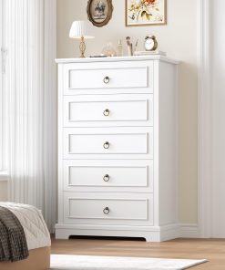 Commode 5 Tiroirs, Commodes Chambre Adulte avec Grain de Bois, Meuble de Rangement Chambre Armoire à Tiroirs, Chiffonnier Blanche, 68×39.5×111cm