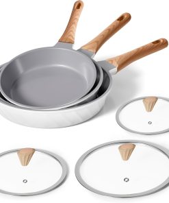 RIOVARM Céramique Antiadhésif Sets de poêles avec couvercles Induction Batteries de cuisine 20 cm 24 cm 28 cm Poêles à omelette sans PFOA Poêles à oeufs avec poignées en bakélite grain de bois