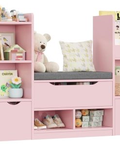 FOREHILL Meuble Rangement Enfant 183cm Bibliothèque Enfant avec Banc 11 Étagères 3 Tiroirs Roulants Rangement Jouet pour Chambre d’Enfants Salle de Jeu 183.5x29.8 x94.5 cm