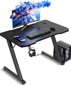 Bureau Gaming, 80x52CM Table de Jeu, Bureau Robuste pour Ordinateur Ergonomique,Surface en Fibre de Carbone,Crochet pour Casque et Gestion des câbles,Cadre en Forme Z Moderne, Carbon Noir