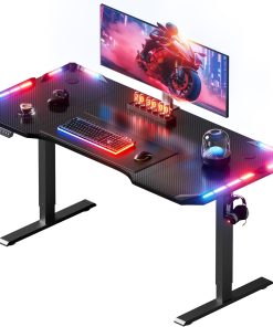 HLFURNIEU LED Bureau Assis Debout Electrique 140 x 60 cm, Bureau Gaming avec 3 Contrôle à Fonctions Mémoires, Table Reglable Hauteur avec Surface en Fibre de Carbone, Table Gaming Noir