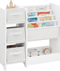 Lestarain Étagère de Rangement pour Jouets et Livres, Bibliothèque pour Enfants avec 3 Boîtes Amovibles en Tissu Non-Tissé, Meuble Montessiri en Bois MDF, 4 Casiers Suspendus, 1 Compartiment, Blanc