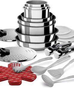 BACKEN 199924 Batterie cuisine 24 pcs, Poêles, Casseroles, Wok, Sauteuse, Couvercles, Poignées amovibles, Induction, Acier inoxydable, Compatible lave-vaisselle.
