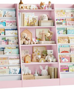 FOREHILL Bibliothèque Enfant Étagère pour Enfants avec 14 Étagère à Livres Meuble Rangement Enfant à 5 Étagères Rangement Jouets pour Chambre Enfant 129.5x35x120cm Rose