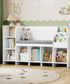 HOCSOK 138.5 cm Bibliothèque Enfants, Étagère à Jouets pour Enfants avec 7 Compartiments de Rangement, Meuble pour Chambre d’Enfant avec Banc, Blanc, 80×40×138.5 cm