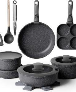 YASHE Batterie de cuisine 20 pièces, Revêtement antiadhésif, poignées amovibles, induction et four jusqu'à 230 °C, lave-vaisselle, empilable, blanc – Idéale pour les familles