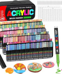 Laconile 240 Marqueurs Acryliques à Pointe Pinceau - Trousse Portable, Nuancier de Couleurs & 20 Pointes de Rechange, Feutre Acrylique Liquide Direct- Idéal pour Céramique, Coloriage (240markers+1bag)