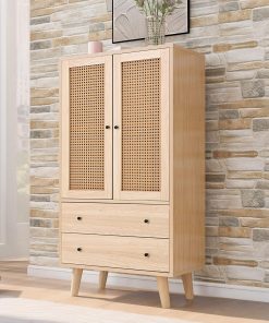 Sweiko Commode avec 2 portes et 2 tiroirs, commode en rotin avec tiroir, buffet, meuble en bois multi-usages pour couloir, chambre, salle à manger