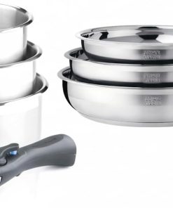 ARTHUR MARTIN - Batterie De Cuisine Inox 8 Pièces - 3 Casseroles Ø 16, 18, 20 cm - 2 Manches Amovibles - Compatible Induction - Ensemble Pratique Et Fonctionnel