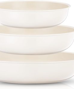 FOHERE Lot de 3 Poêles 20/24/28 cm avec Poignée Amovible, Poele Induction pour Tous les Types de Plaques de Cuisson, Poele Ceramique, Passe au four et au Lave-vaisselle, Aluminium, Beige