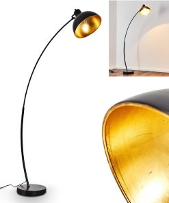 Lampadaire vintage Parola en métal doré/noir, lampe d'intérieure à douille E27, luminaire rétro avec grand abat-jour rond et interrupteur au pied, ampoule(s) non incluse(s)