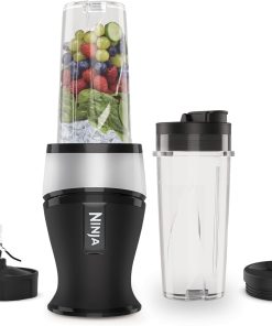 Ninja 700W Mixeur Slim et Smoothie Maker, 2x 470ml gobelets avec couvercles à bec, mixeur personnel, écrase la glace et les fruits congelés, argent/noir QB3001EUS