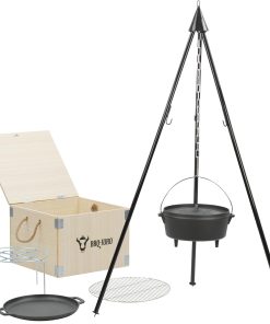 BBQ-Toro Kit de 6 dutch oven dans une caisse en bois | Fonte, déjà brûlé - preseasoned | Set de casserole, poêle, grille, boîte en bois et trépied | Pour le camping, le plein air, le jardin