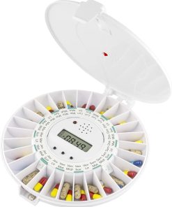 (mode d'emploi et disques de dosage en Français), Distributeur automatique de pilules, avec 6 alarmes par jour. Couvercle SOLIDE verrouillable. Aide à la prise de médicaments, produit essentiel pour les personnes âgées, atteintes de la maladie d’Alzheimer ou de démence.