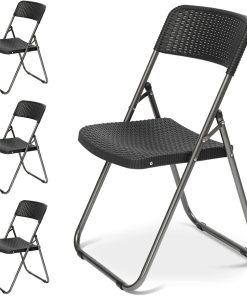 Sekey 4 Chaises Pliantes, Chaise de Balcon en Résine Tressée, 46 x 53 x 84cm, Jardin Balcon Camping, 200 kg de Charge, Noir
