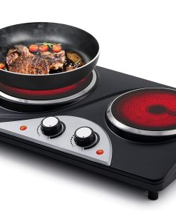 Plaque de cuisson électrique double CUSIMAX 2100W avec chaleur infrarouge, idéale pour la cuisine, le jardin et le camping, plaque de cuisson en acier inoxydable avec thermostat réglable