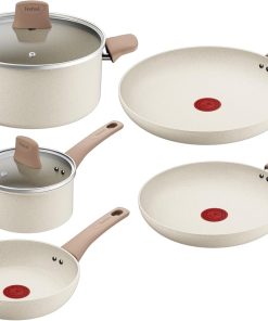 Tefal Stone White, Batterie de cuisine, Revêtement antiadhésif, Corps en aluminium 100% recyclé, Indicateur de chaleur, G199S544