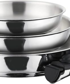 Lot Coffret de 3 Poêles Inox 18/10 Triply – 20/24/28 cm – Avec Manche Amovible – Sans Revêtement – Sans PFAS, PFOA, PTFE – Compatible Tous Feux Dont Induction – Cuisson Saine et Durable