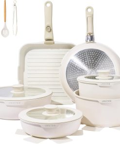 JEETEE Batterie de Cuisine Antiadhésive 25 Pcs, Sets de Poêles et Casseroles avec Poignée Amovible, Ensemble de Cuisine pour Camping-car, Empilable, Passe au Four, Sans PFOA/PFOS, Beige