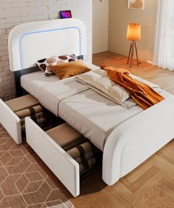 Sweiko Lit rembourré, Cadre de lit Double avec éclairage LED avec Fonction de Recharge USB C et 2 tiroirs, tête de lit réglable en Hauteur, Cadre de lit à Lattes en Bois (sans Matelas) (90x200cm)