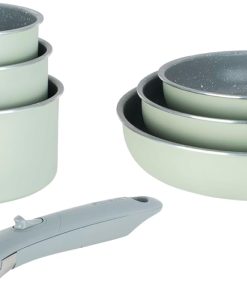 Sitram 716939 Batterie de Cuisine 7 pcs Alu Pressé Vert + Revêtement Céramique sain Sans PFAS – 3 poêles Ø20/24/28cm + 3 casseroles Ø16/18/20cm + Manche Amovible - Tous feux dont induction