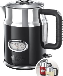 Russell Hobbs Bouilloire Electrique (Design Vintage Premium) Retro Noire (1,7L, 2400W, Ebullition Rapide, Jauge Température Rétro,Marqueurs 1-2-3 tasses,Ecoulement,Couvercle Amovible) 21671-70