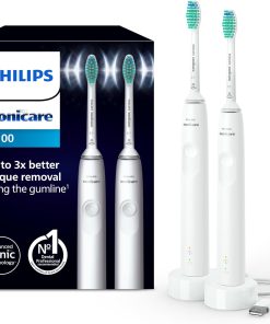 Philips Sonicare 3100, Brosse à dents électrique sonique, capteur de pression et minuterie, blanc, pack de 2, modèle HX3675/13