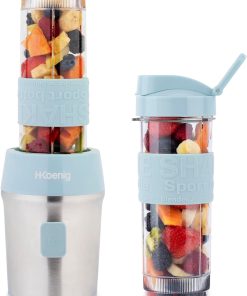 H.Koenig Mini Blender/Smoothie/Mixeur SMOO16 – 570mL, 300W, 4 Lames Inox, Sans BPA, 2 Bouteilles portables avec couvercles de voyage, Bleu Pastel