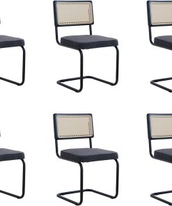 GrandCA HOME Lot de 6 Chaises de Salle à Manger avec Dossier en Canne Naturelle et Base en Acier Métallique, Chaises de Cuisine Rembourrées en Rotin,Noir