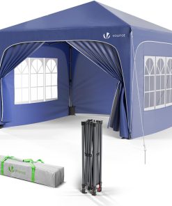 VOUNOT® Tonnelle de Jardin 3x3m Tente Pliable Imperméable avec Parois Anti UV Chapiteau de Jardin Exterieur Hauteur Réglable avec Sac de Transport pour Camping Festival Plage Jardins Bleu