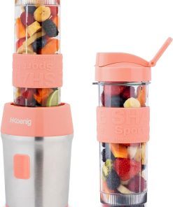 H.Koenig Mini Blender / Smoothie / Mixeur SMOO10 – 570mL, 300W, 4 Lames Inox, Sans BPA, 2 Bouteilles portables avec couvercles de voyage, Pêche Pastel