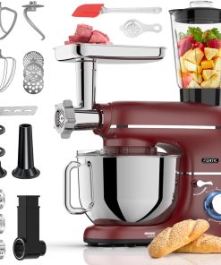 6 en 1 Robot Pâtissier – 2000W - Av. Hachoir à Viande, Mixeur 1,5L, Cutter, Accessoires – Robot Cuisine Multifonctions Av. 6,2L Bol Mélangeur, Fouet, Crochet Pétrisseur, Batteur (Rouge)