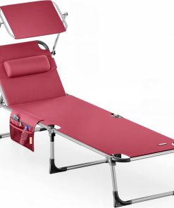 Casaria® Chaise Longue de Jardin Malta Rouge 210cm Transat avec Pare-Soleil réglable Bain de Soleil Pliable de Plage Camping