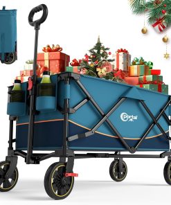 PORTAL Chariot de Plage Pliable, Chariot de Transport à roulettes Tout Terrain Poignée Réglable Charrette pour Extérieur Camping Pique-Nique avec Jusqu’à 120KG Bleu