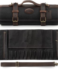 XINZUO Couteau de Chef Roll Sac Noir,12 Emplacements,Toile Cirée Imperméable 16oz et Cuir,Rouleau de Couteaux de Voyage pour Chef, Sac de Rangement Portable pour Couteaux de Cuisine (Pas de Couteau)