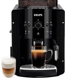 Krups Machine à café grain, machine expresso, 2 tasses en simultané, Nettoyage automatique, Buse vapeur pour Cappuccino, Cafetière espresso, Essential noire YY8125FD