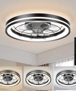 48cm Ventilateur de Plafond Silencieux avec Lumiere et Telecommande, Moderne Rond Ventilateurs de Plafond avec Lampe Intégrée, Dimmable Ventilateur Plafond Chambre avec Reversible DC Moteur
