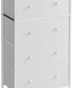 SONGMICS Commode, Meuble de Rangement, avec 5 Tiroirs en Tissu, Style Industriel, pour Salon, Entrée, Couloir, Chambre d'enfant, Blanc et Couleur Boisée LTS514W57
