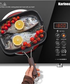 Karinear Plaque Vitrocéramique 1 Feu Portable avec Poignée, Plaque Electrique Camping, 650℃ Max, Plaque de Cuisson 1 Feu with Prise VDE, Sécurité Enfant, Indicateur de Chaleur Résiduelle, 220-240V