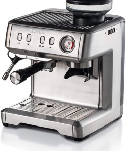 Ariete 1313, Machine à Café avec Manomètre, Moulin à Café Intégré, Compatible avec le Café en Poudre et les Dosettes ESE, 15 Bar Maximum, Filtre 1 ou 2 Tasses, Buse Cappuccino, 1600W, Argent
