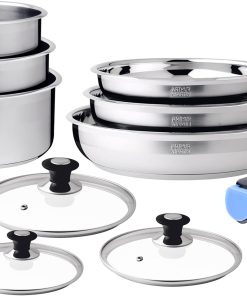 ARTHUR MARTIN - Batterie de Cuisine 10 Pièces en Inox, Casseroles Et Poêles Antiadhérentes, Couvercles, Ustensiles Inclus, Compatible Tous Feux, Poignée Amovible, Finition Satinée