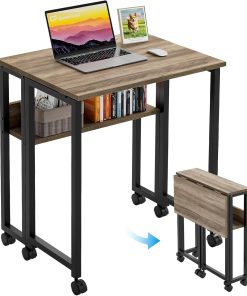 GreenForest Petite Bureau Pliant à roulettes, 63×50cm Pliable Portable,Table Pliante avec Rangement, Bureaux d' Ordinateur pour Petit Espace Postes de Travail, Assemblage Facile, Gris